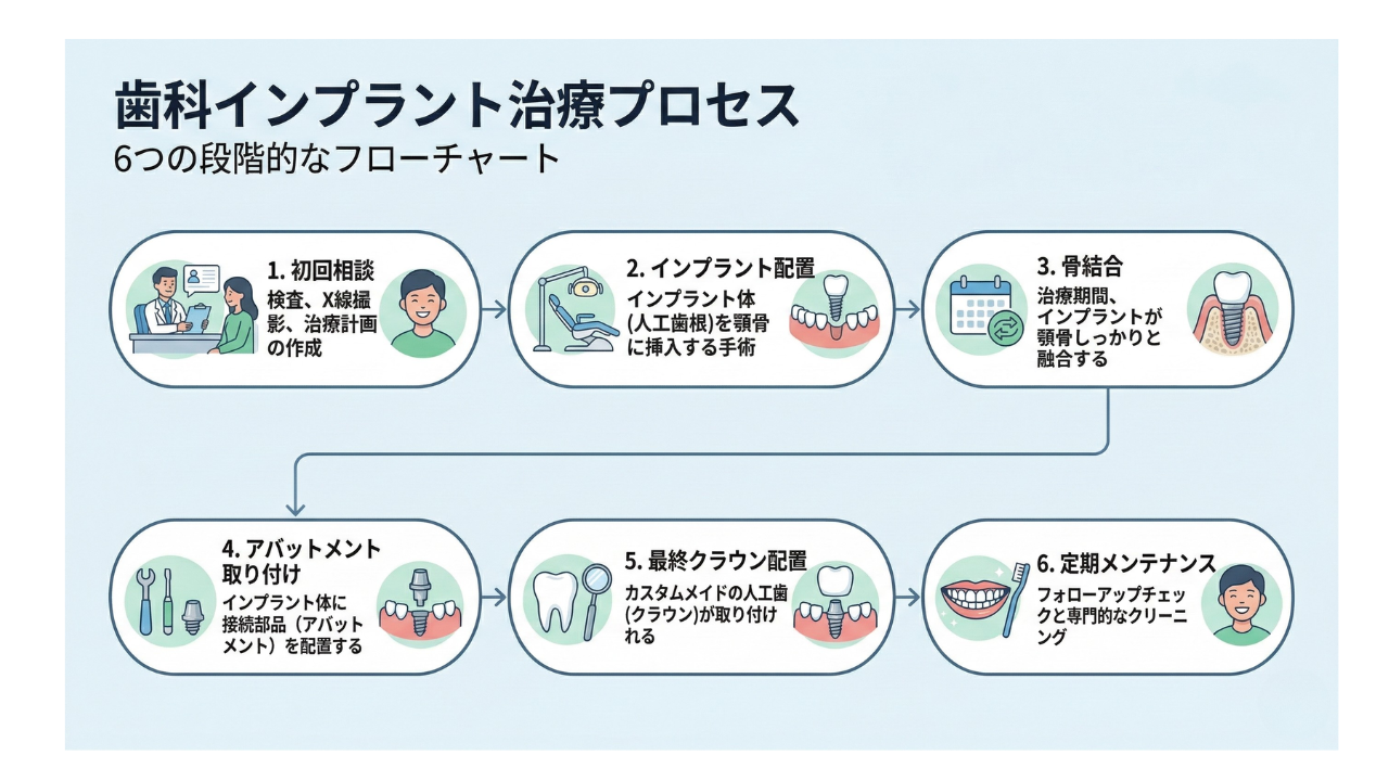 インプラント治療ステップの流れ図